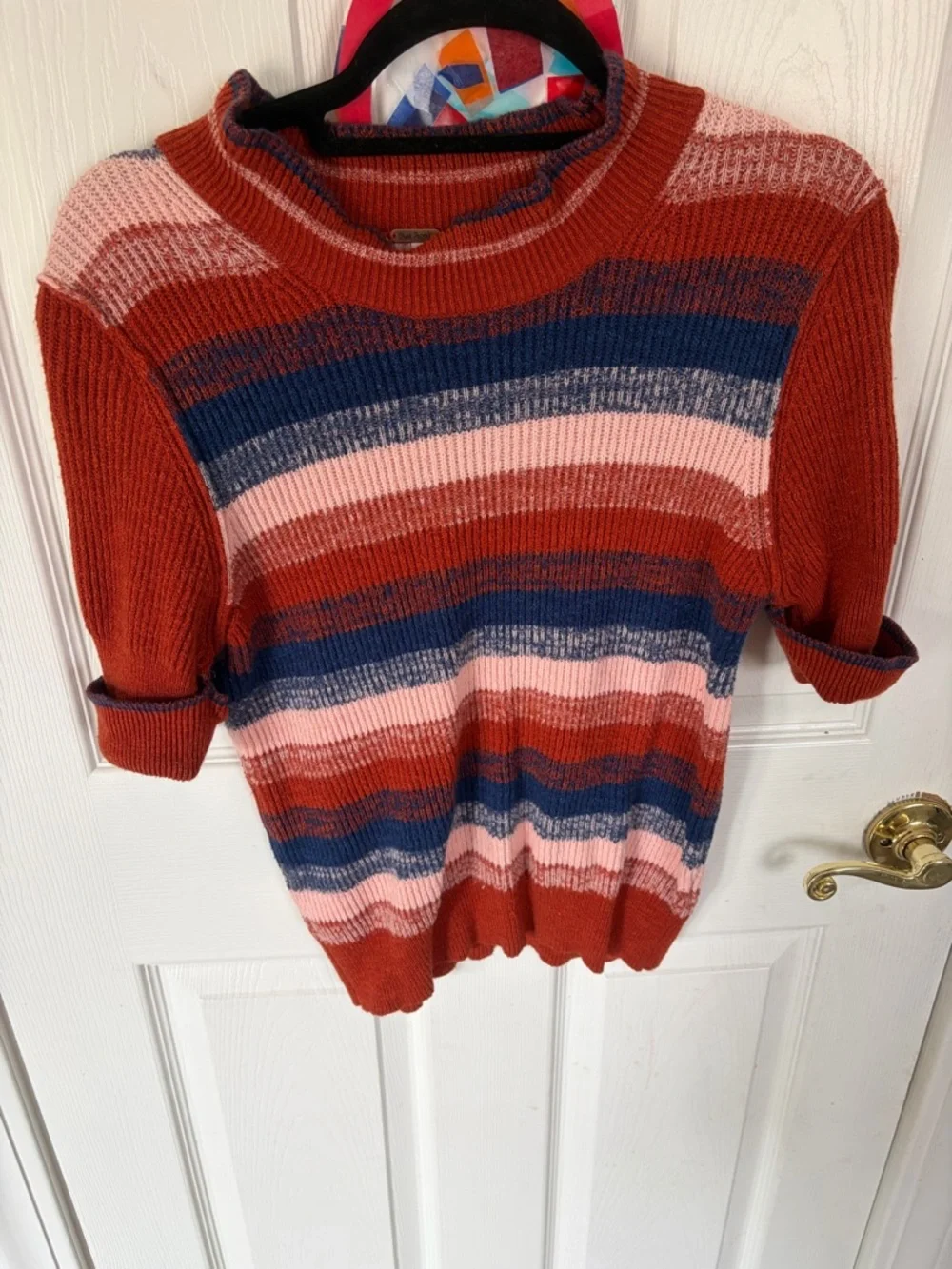 Free People Striped Knit Short Sleeve Sweater in Rust, Navy & Blush Pink - Picture 4 of 4